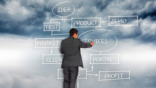 Composite image of businessman standing on ladder